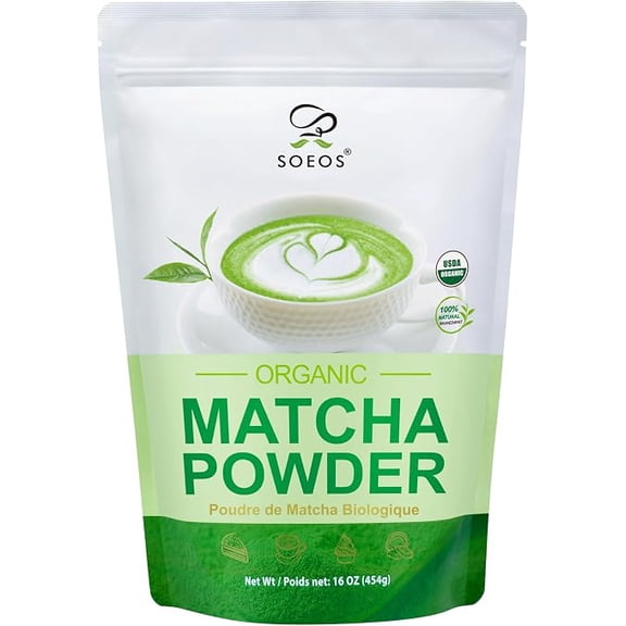 Soeos Organic Matcha Powder, 16oz, standing pouch, matt finish