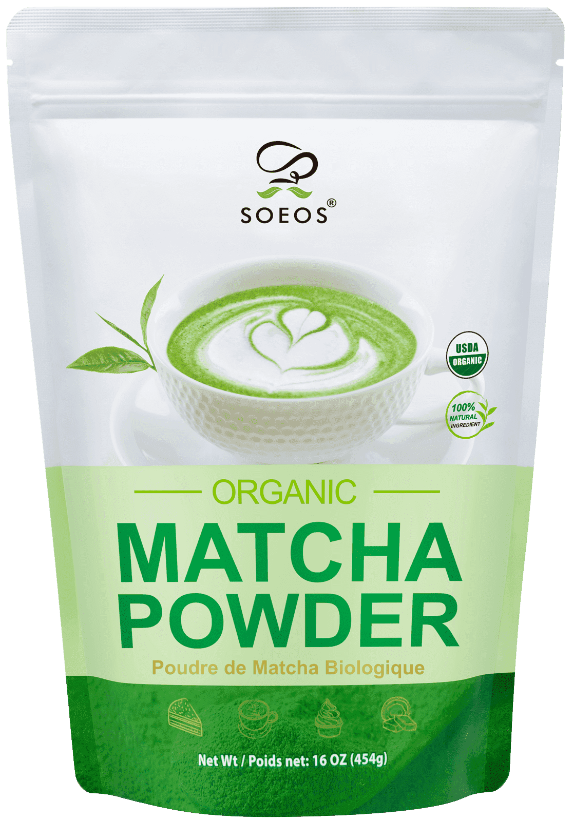 Soeos Organic Matcha Powder, 16oz, standing pouch, matt finish