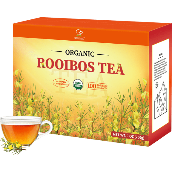 Soeos Organic Rooibos Tea 9oz (250g), USDA Organic, 100 Rooibos Tea Bags, Natural Herbal Tea, Caffeine Free