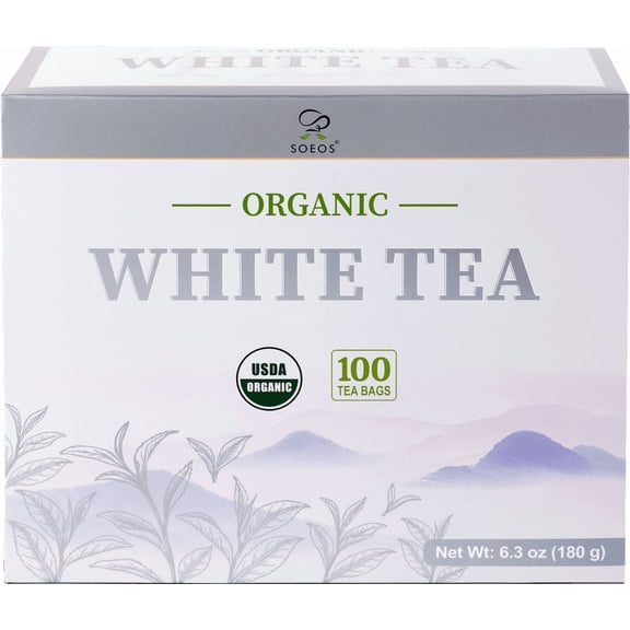 Soeos Organic White Tea Bags, Light and Refreshing Floral Flavor, Hot or Iced Tea, 100 Count