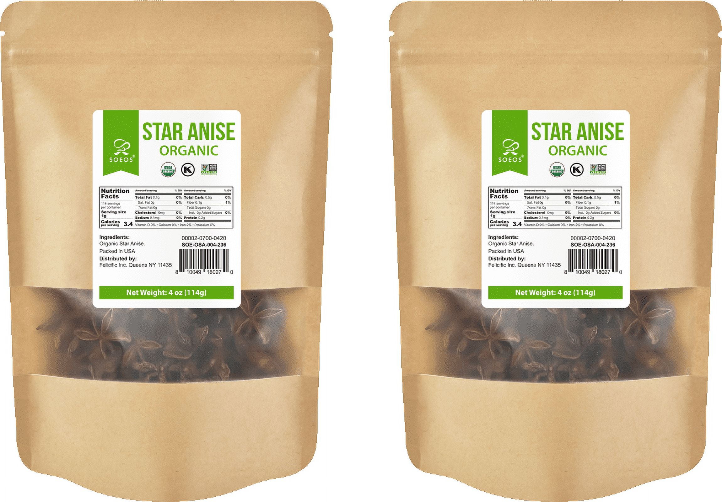 Soeos Organic Whole Star Anise 4 oz (114g), 2 Pack, total weight 8oz