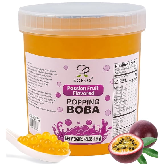 Soeos Passion Fruit Popping Boba, 1.2kg (2.6 lb), Juicy Bursting Boba Balls for Bubble Tea, Desserts, and Beverages