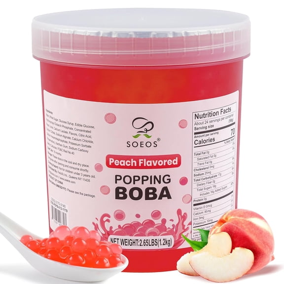 Soeos Peach Popping Boba, 1.2kg (2.6 lb), Juicy Peach Bursting Boba Balls for Bubble Tea, Desserts, and Drinks