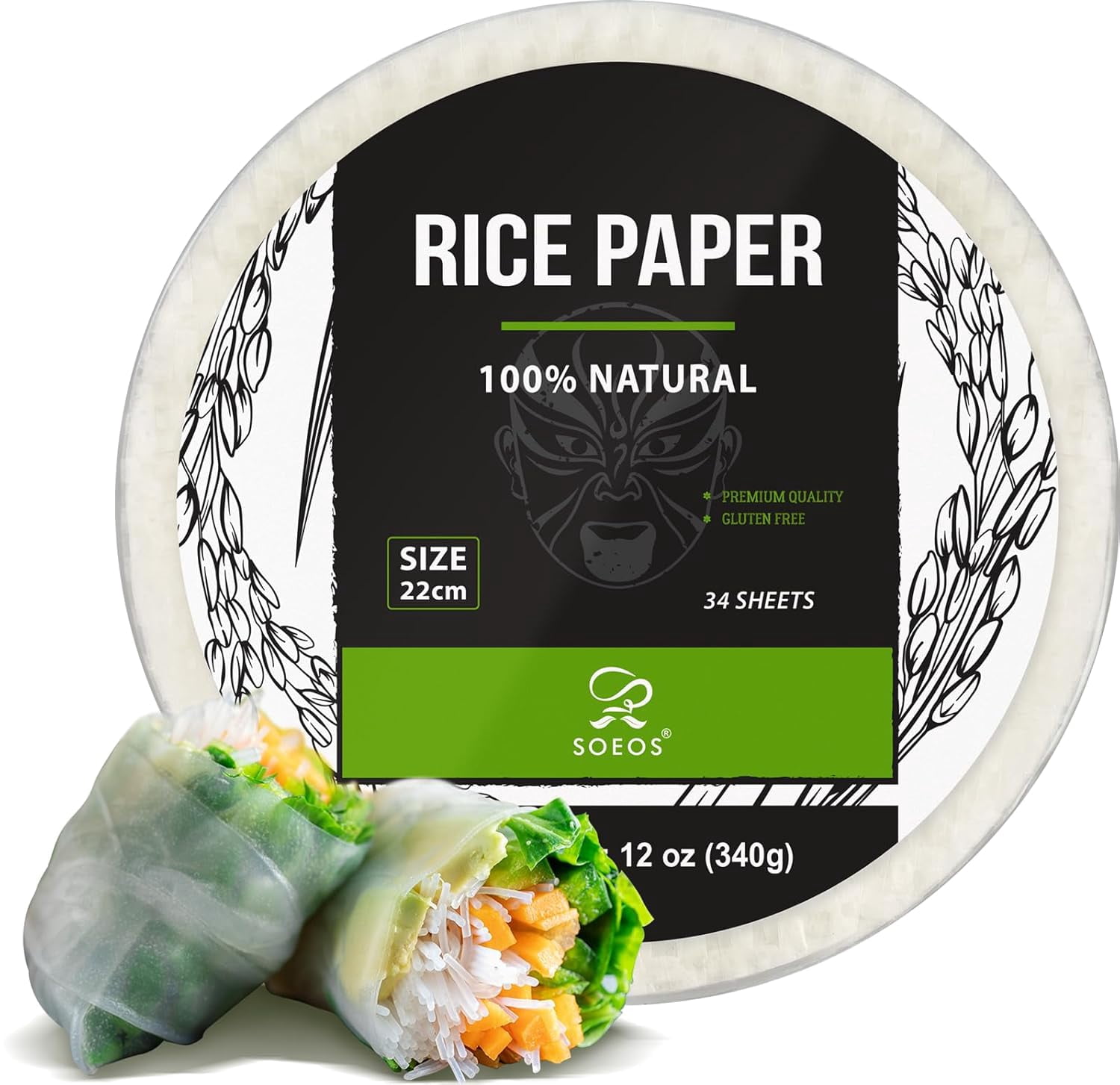 Soeos Rice Paper, 12 oz, 340g, (Pack of 1), 34 Sheets, Natural Rice Paper