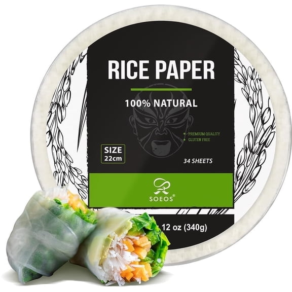 Soeos Rice Paper, 1 Pack, 34 Sheets-Fresh Spring Roll Wrappers & Dumplings, 22cm Round