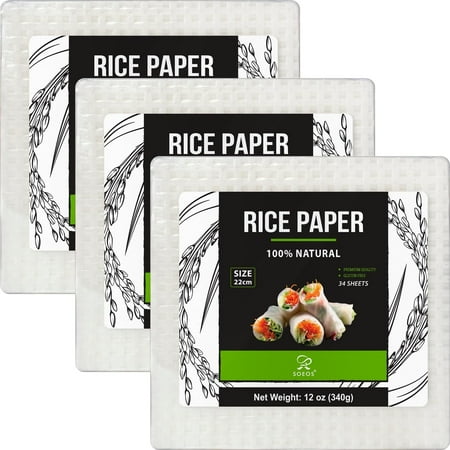 Soeos Rice Paper, White Rice Paper Wrappers, 3 Pack, 34 Sheets per Pack 102 sheets in total, Fresh Spring Roll Wrappers & Dumplings,Gluten-Free, Vietnamese Rice Wraps (Square, 22cm)