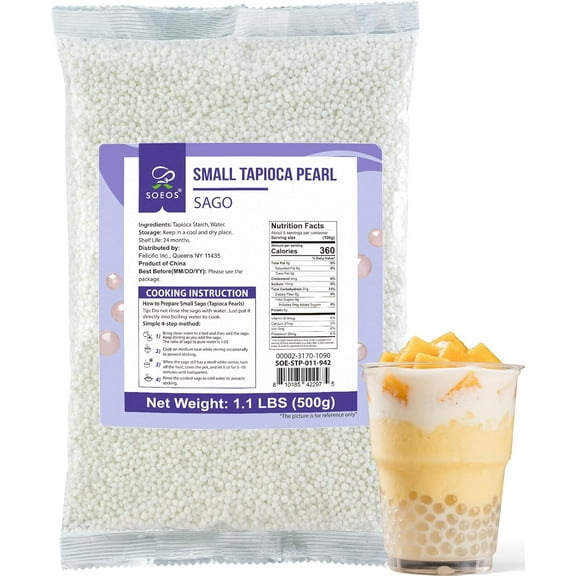 Soeos Sago Tapioca Pearls, 1.1 lbs (500g), Tapioca Balls for Asian Desserts, Boba, and Puddings, Quick-Cooking, Ideal for Bubble Tea