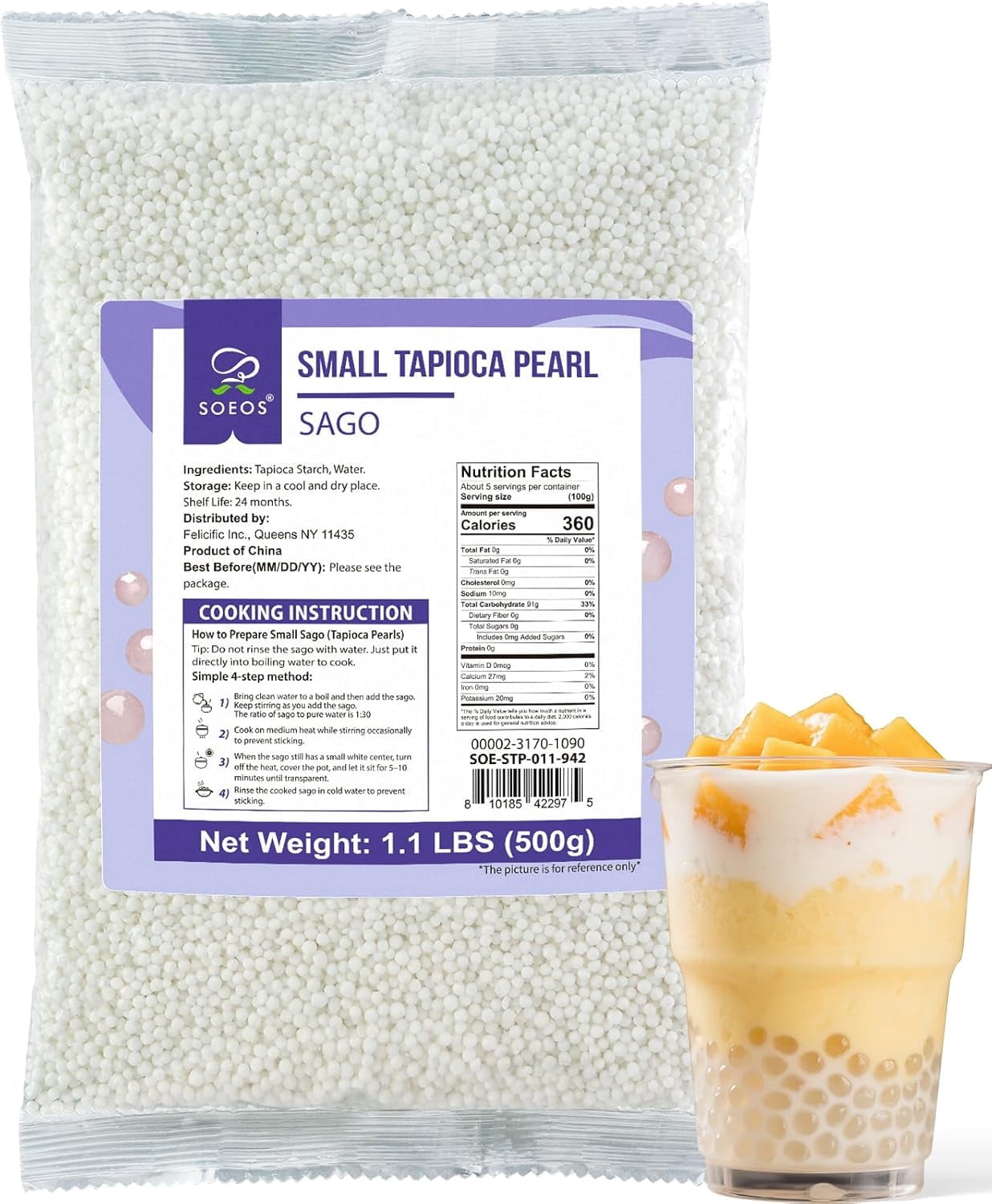 Soeos Sago Tapioca Pearls, 1.1 lbs (500g), Tapioca Balls for Asian Desserts, Boba, and Puddings, Quick-Cooking, Ideal for Bubble Tea