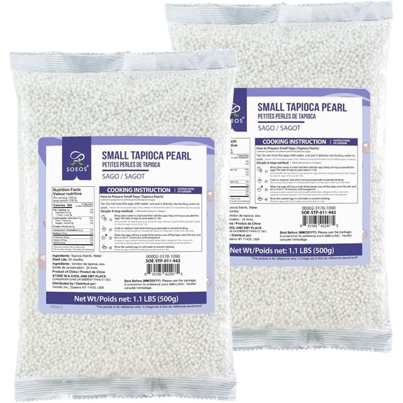 Soeos Sago Tapioca Pearls, 1.1 lbs (Pack of 2), Small Tapioca Pearls | Non-GMO, Gluten-Free, Quick-Cooking Sago Balls for Asian Desserts, Bubble Tea, and Puddings