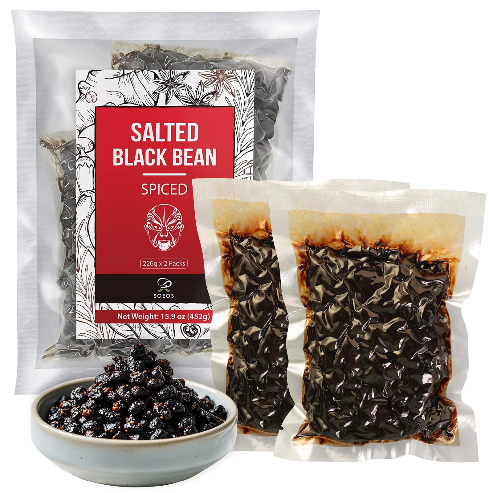 Soeos Salted Black Bean Spiced, 15.9 oz (226g*2 Pack), Chinese Fermented Black Beans, Flavor Enhancer for Stir-Fries, Stews, and Sauces, Rich Umami Flavor