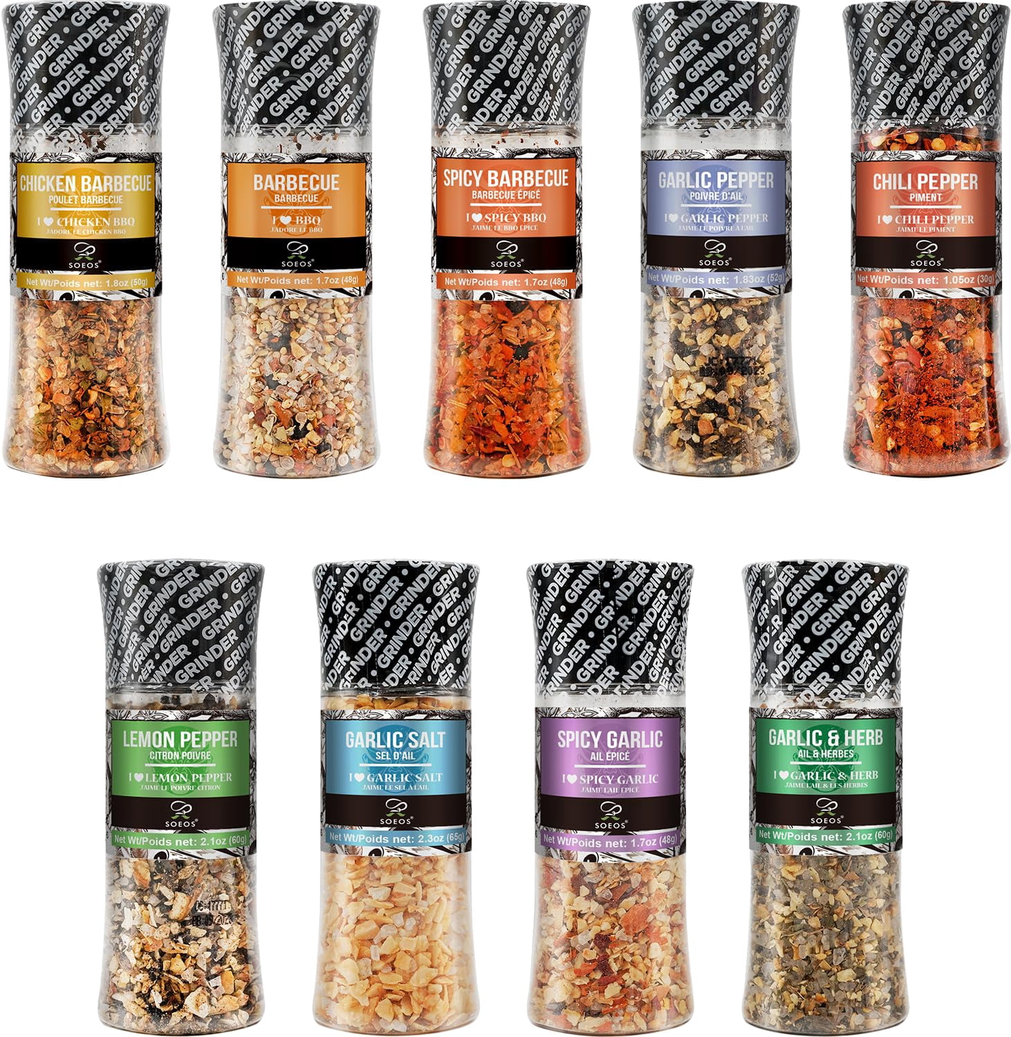 Soeos Spice Seasoning Set BDF32 of 9 with Integrated Grinders, Individual Spice Grinder, Pure and Fresh Perfect for BBQ Seasoning Gift Set, Grilling Spice, Pepper Grinder,colorful