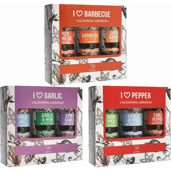 Soeos Spice Seasoning Set of 9 with Integrated Grinders, Individual Spice Grinder