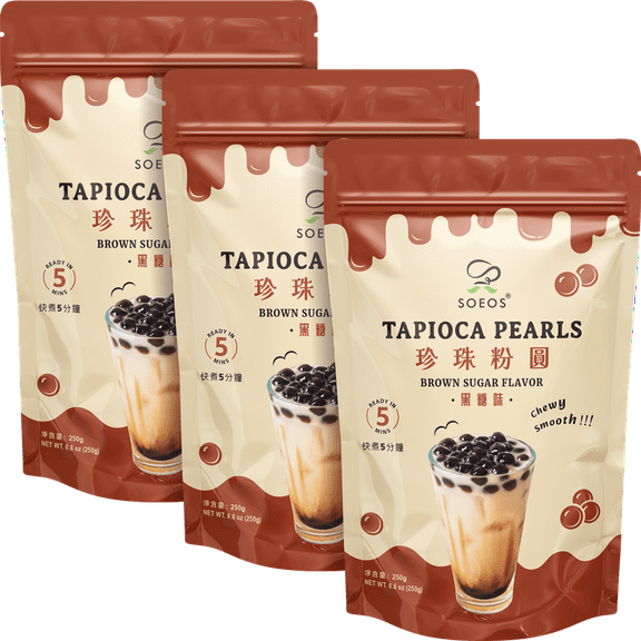 Soeos Tapioca Pearls for Boba Tea, 26.4 oz (3 x 8.8 oz), Chewy Boba for Milk Tea, Smoothies & Desserts