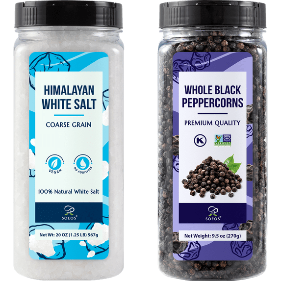 Soeos White Coarse Himalayan Salt 20 oz. (1.25Lb) + Whole Black Peppercorns 270 g (9.5oz)