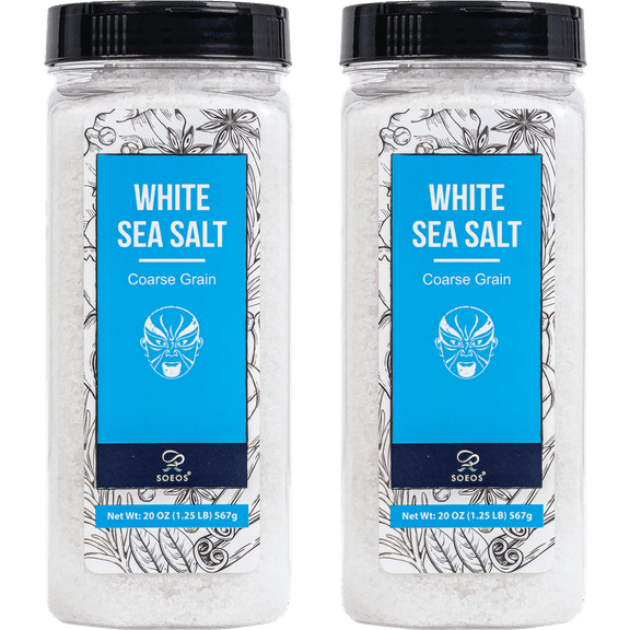 Soeos White Sea Salt, Coarse Grain, 20 oz (1.25 lbs), 2 Pack, Total Weight of 40 oz (2.50 lbs)
