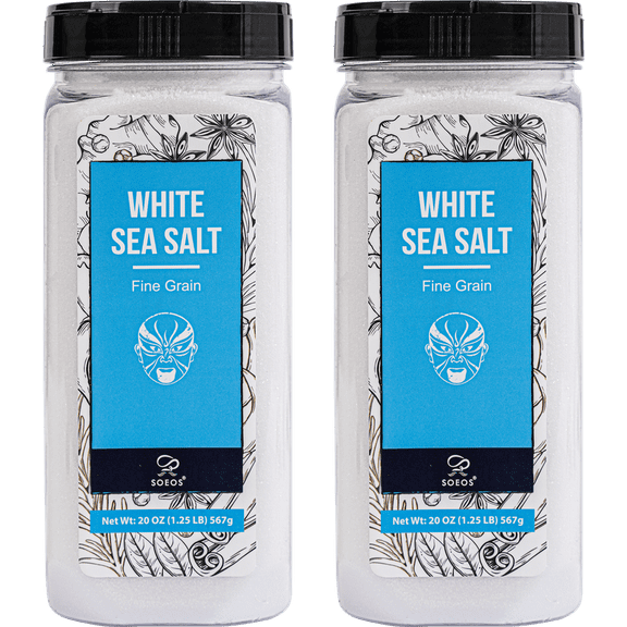 Soeos White Sea Salt, Fine Grain, 20 oz (1.25 lbs), 2 Pack, Total Weight of 40 oz (2.50 lbs)