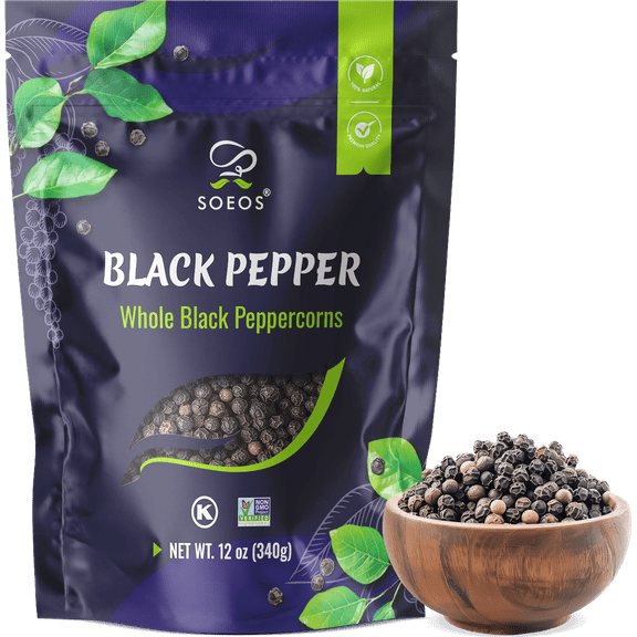 Soeos Whole Black Peppercorns 12oz (Pack of 1), Robust Flavor, Non-GMO and Kosher, Whole Peppercorns for Grinder Refill, Peppercorn for Bottle Refill