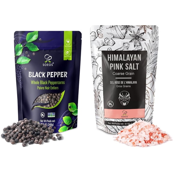 Soeos Whole Black Peppercorns 12oz Himalayan Pink Salt 2lb, Salt and Pepper for Grinders, Black Peppercorn Refil, Pink Himalayan Sea Salt, 2 Piece Set