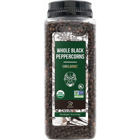 Soeos Whole Black Peppercorns 18oz, USDA Organic, Kosher, Non-GMO Certified, Peppers for Grinder Refill