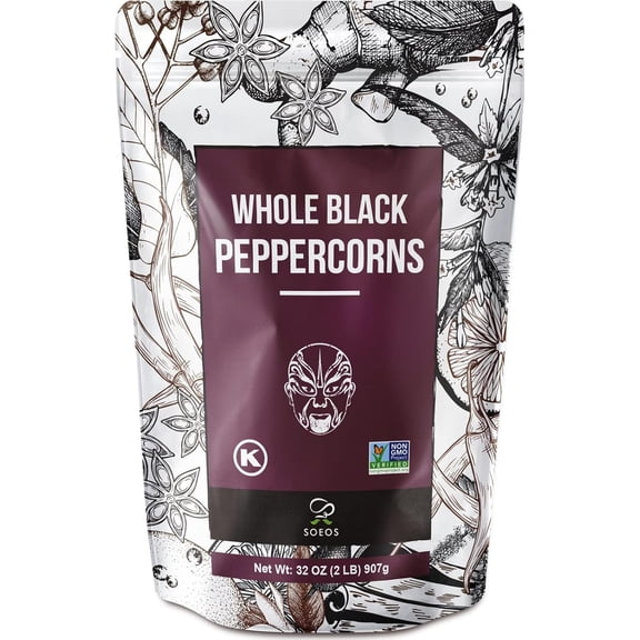 Soeos Whole Black Peppercorns 32oz, Whole Peppercorns, Kosher, Black Peppercorns Bulk, Peppercorns Bulk for Grinder Refill