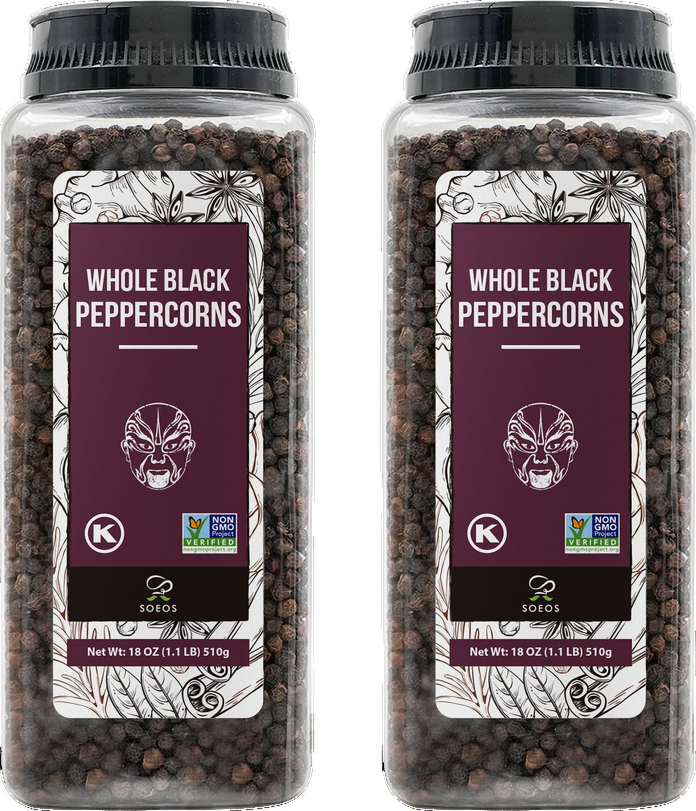 Soeos Whole Black Peppercorns, 36oz (Pack of 2), NonGMO, Kosher