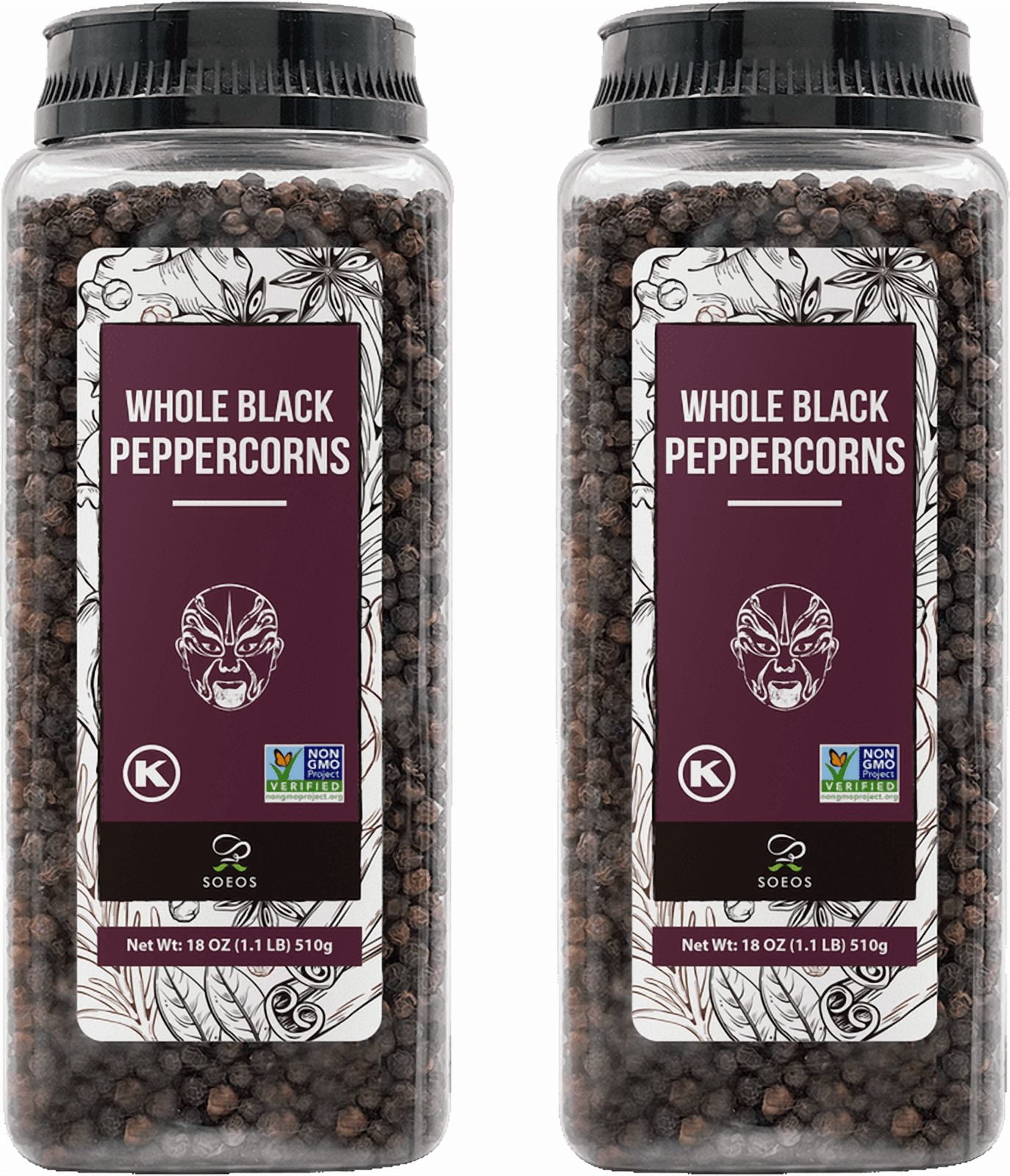Soeos Whole Black Peppercorns, 36oz (Pack of 2), Non-GMO, Kosher, Packed to Keep Peppers Fresh, Peppercorn for Grinder Refill, Whole Peppercorns