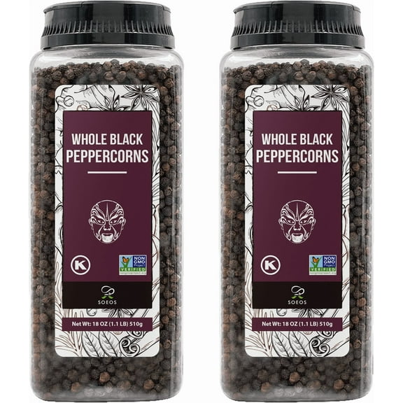 Soeos Whole Black Peppercorns, 36oz (Pack of 2), Non-GMO, Kosher, Packed to Keep Peppers Fresh, Peppercorn for Grinder Refill, Whole Peppercorns