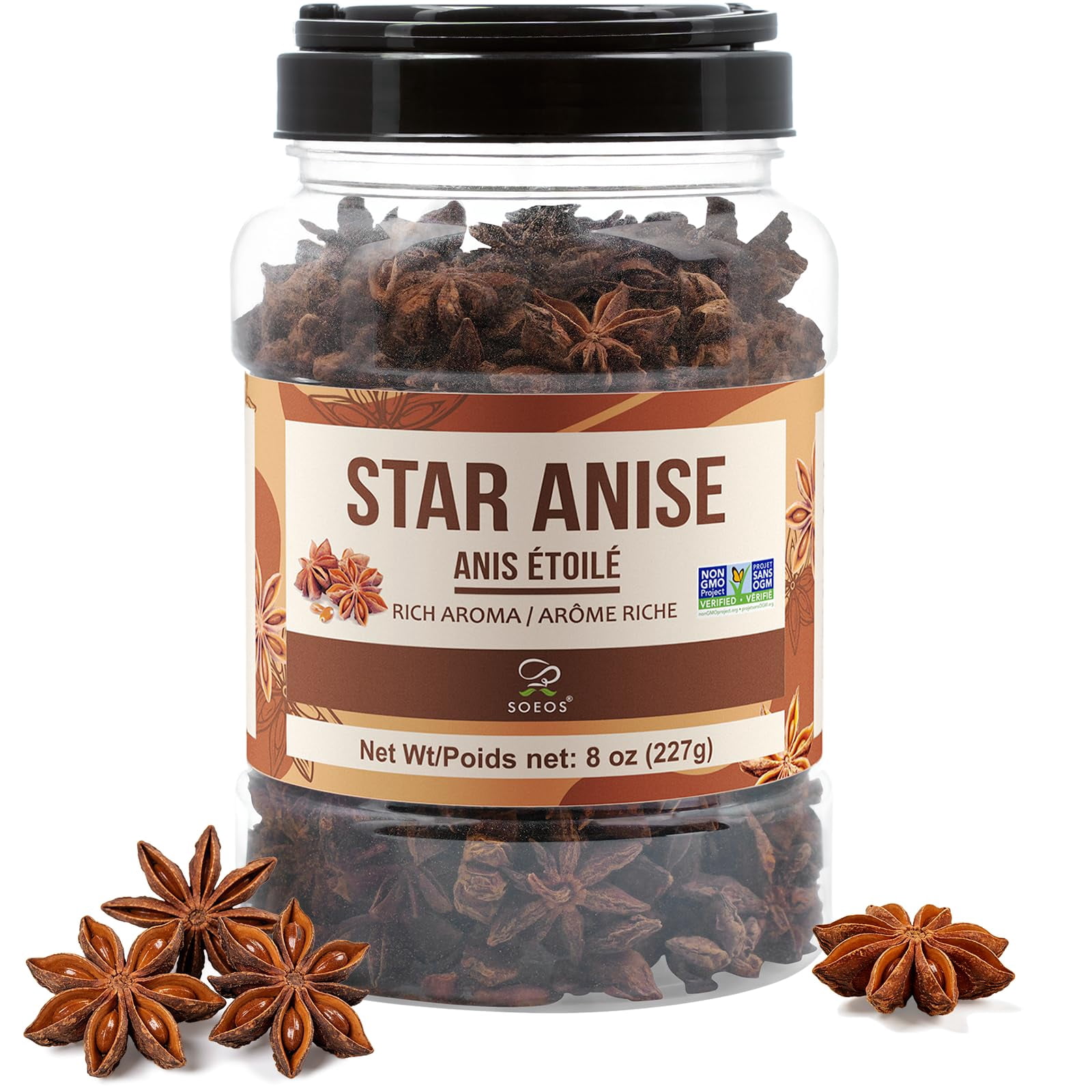Soeos Whole Star Anise, 8 oz, Premium Aromatic Star Anise Pods for Pho, Braised Meats, Mulled Drinks, Baking, Tea & Asian Cooking