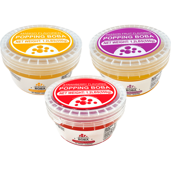 Soeos popping boba 550g, pack of 3 (strawberry+mango+passion fruit)