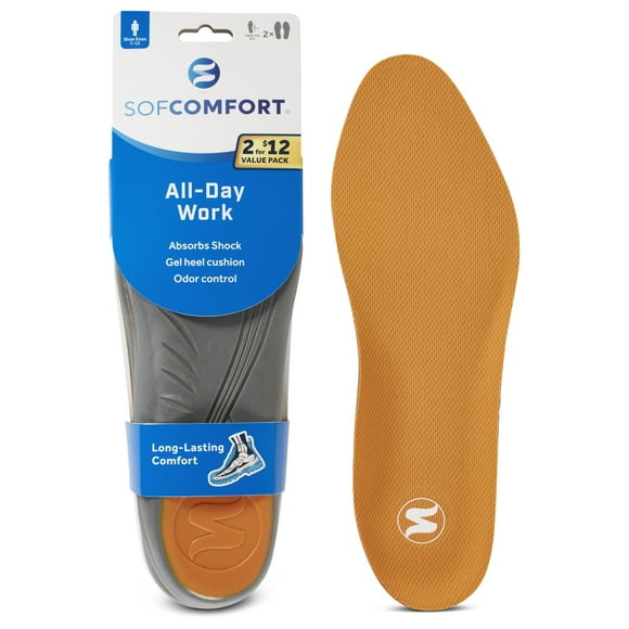Sof Comfort All-Day Work Foam and Gel Insole, Men's Size 7-13,Trim-to-Fit, 2 Pack