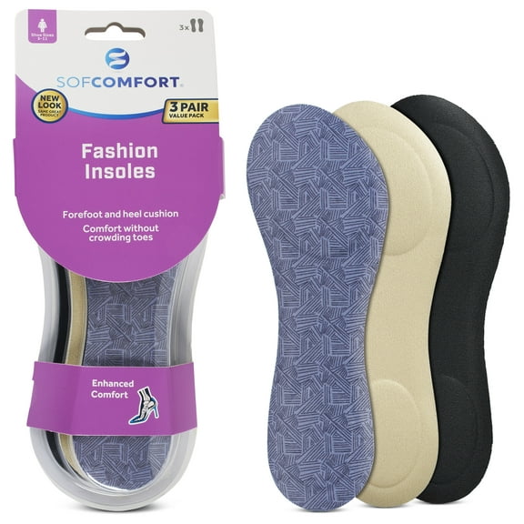 Sof Comfort Fashion Foam Insole 3/4 Length 3-Pack Women's 5-10, Trim-to-Fit