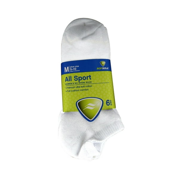Sof Sole All Sport Women's No Show Performance Socks, 6 Pair, White, Women's 5-10