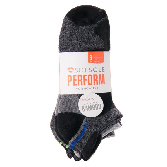 Sof Sole Bamboo No Show Tab Performance Socks, Multi-color, Large, 6 Pair