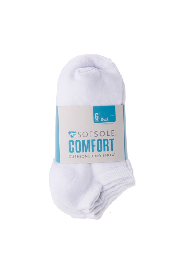 Kid's Comfort No Show Socks, White, Youth Small, 6 Pairs