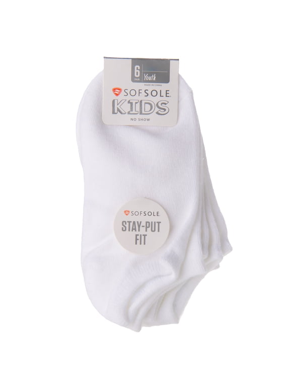 Kid's No Show Stay Put Fit Socks, White, Youth Small, 6 Pair