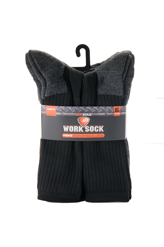 Men's Performance Crew Work Socks, Black, Men's Shoe Size 13-15, 6 Pairs