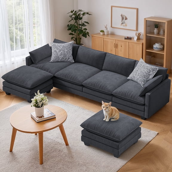 Sofa,145.7"U-Shaped Cloud Sectional Couch, 3 Seater Comfy Cloud Sofa with Movable Ottomans, Pet Friendly Scratch-Resistant Corduroy, Removable Washable Covers for Living Room Bedroom Apartment,Gray