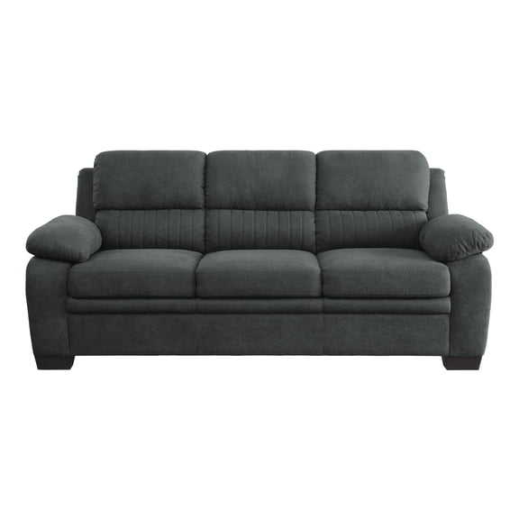 Sofa, 3-Seat Contemporary Living Room Couch with Solid Wood Frame, Dark Gray Textured Fabric, Channel Tufting, Pillow Top Arms, 80" x 35.5" x 35"H, with Pocket Coil Foam Padding