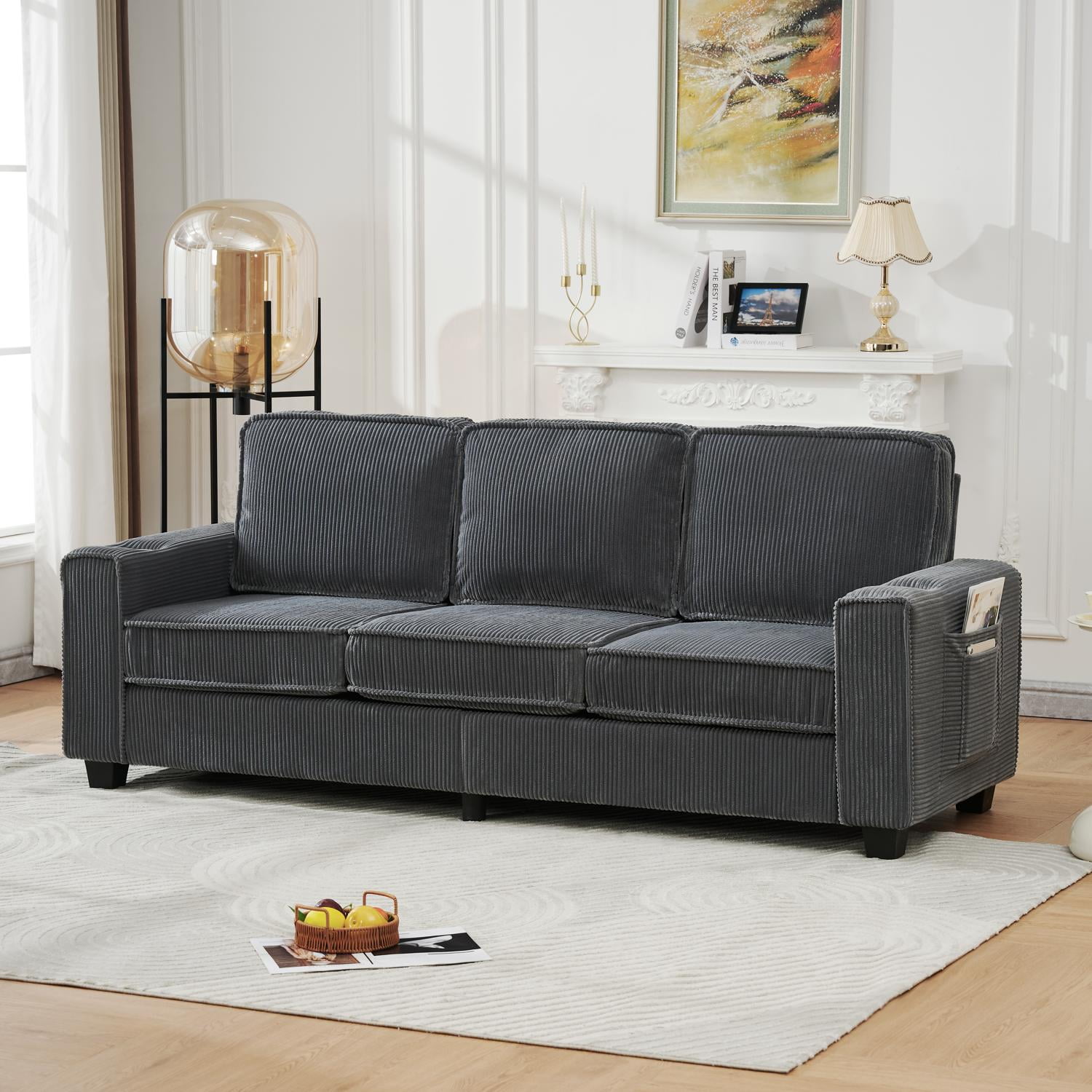 Sofa, 3-Seater Couch, Corduroy Sofa&nbsp;with Dual-Layer Cushion (Sponge + Spring Packs), Built-in Cup Holders and Storage Pockets, Modern Compact Design, Gray