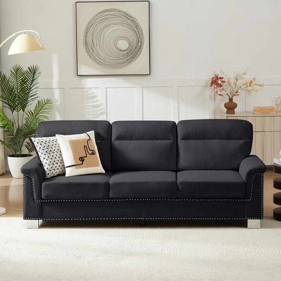Sofa, 3 Seater Sofa, Couch, Compressed 82 Inch Modern Fabric Sofa with Snowfleece Upholstery and Curved Armrests for Living Room or Bedroom, Black