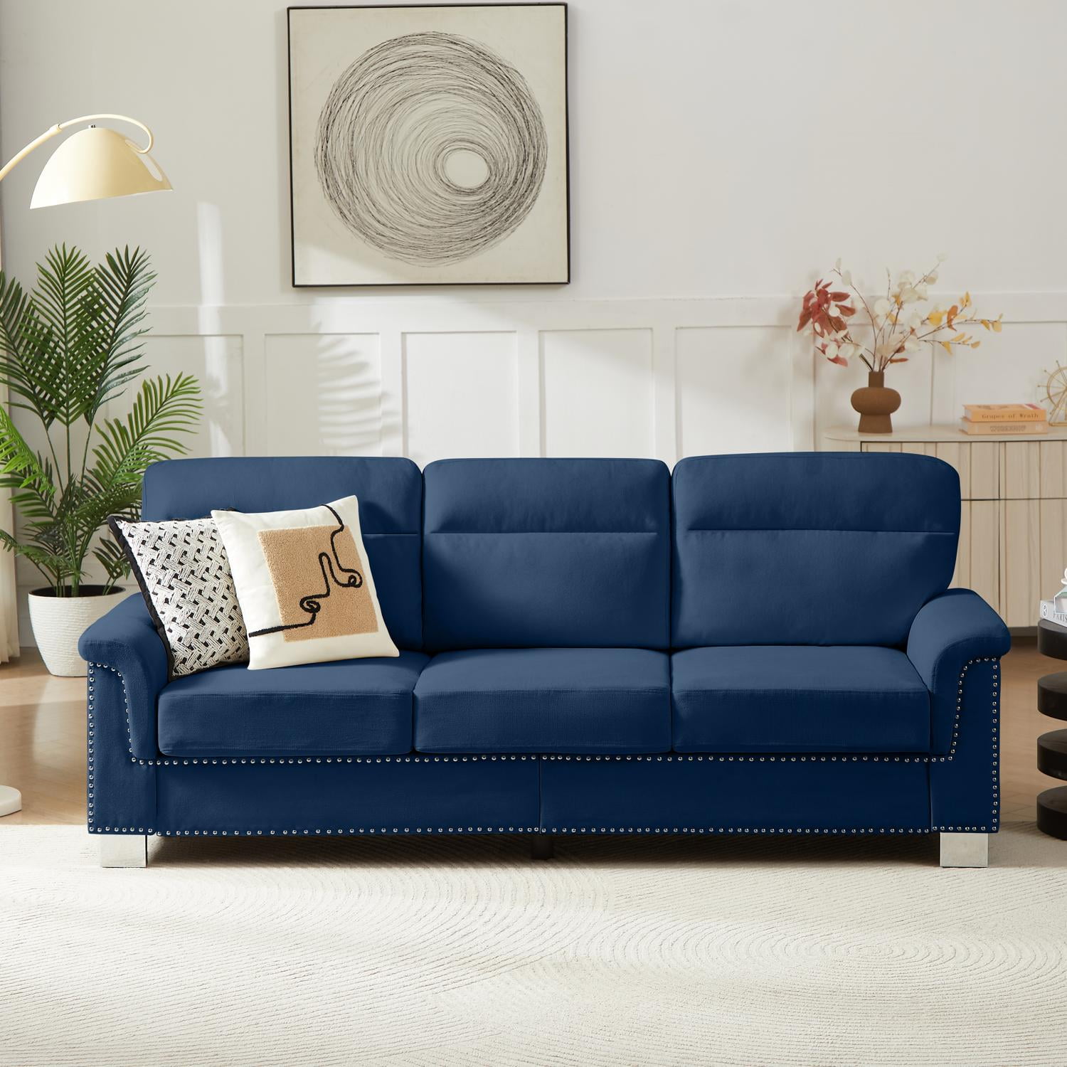 Sofa, 3 Seater Sofa, Couch, Compressed 82 Inch Modern Fabric Sofa with Snowfleece Upholstery and Curved Armrests for Living Room or Bedroom, Blue