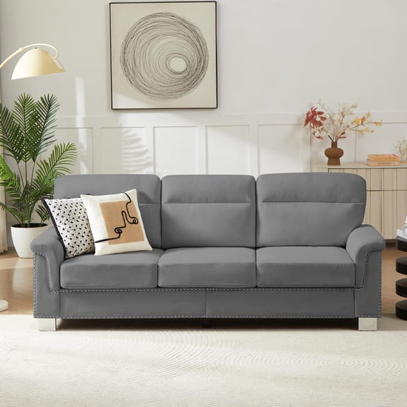 Sofa, 3 Seater Sofa, Couch, Compressed 82 Inch Modern Fabric Sofa with Snowfleece Upholstery and Curved Armrests for Living Room or Bedroom, Gray