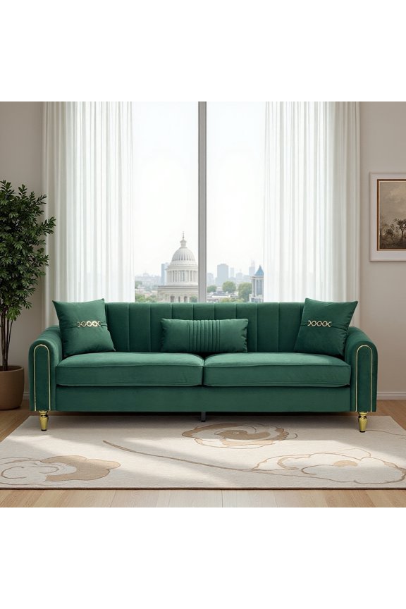 (Sofa)87.4 Inches 3 Seater Sofa for Living Room, Upholstered Couch with High Resilience Foam, Pocket Spring Seat, Decorative Pillows, and Sturdy Metal Legs (Green)