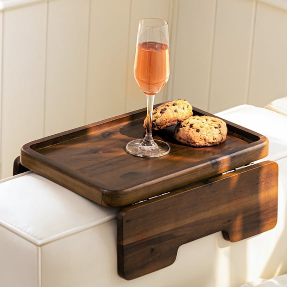 TIDITA Acacia Wood Sofa Armrest Tray for Couch - 13.75 x 9.5in Double Hinge Sofa Arm Tray Table Clip - Couch Arm Table, Wooden Side Tables -Couch Armrest Table for Eating and Drink