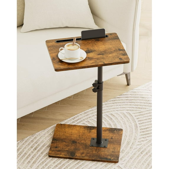 Sofa Arm Tray Table - 360° Swivel Height Adjustable End Table, Small Snack Side Table for Couch, C Shaped Table for Bed, Chair or TV Tray Table(Rustic Brown)