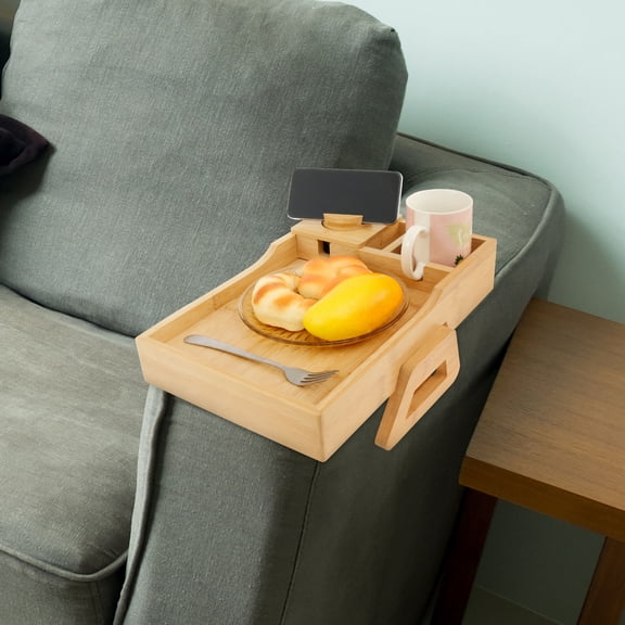 Sofa Arm Tray Table with Cup Holder Multifunctional Couch Arm Tray Folding Couch Table Tray Space Saving Bamboo Couch Arm Table for Eating Drinks Snacks