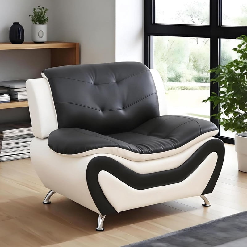 Sofa Armchair, Small Faux Leather Sofa Couch Sleeper Couch for Living Room, Bedroom, Apartment, Black & White