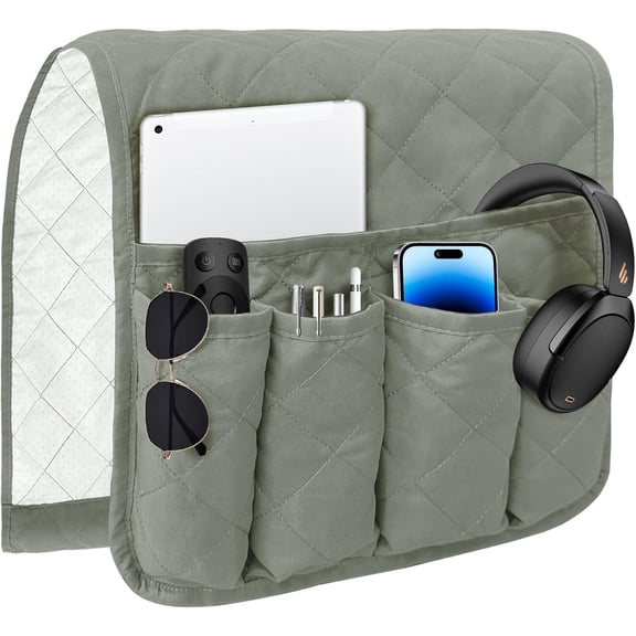 Sofa Armrest Caddy, Waterproof Bedside Storage Organizer, Non Slip Armchair Pockets, Remote Control Holder for Couch, Handy Pouches with 6 Pockets for TV Remote, Phone, Magazine(Grey)