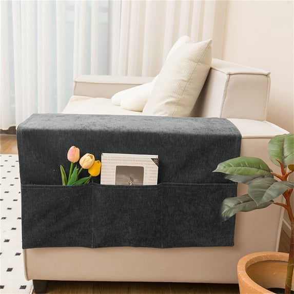 Sofa Armrest Cover with 3 Pockets Non-Slip Chenille Couch Arm Protector for Recliners and Sofas Dustproof Furniture Guard Set Gray 23.6 x 43.3 Inches Black