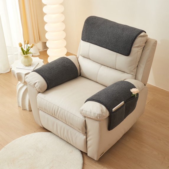 Sofa Armrest Cover 26 x 20 in Non-Slip Wool Lambskin Pad with Storage Pockets, Washable Strapless Design for Chairs